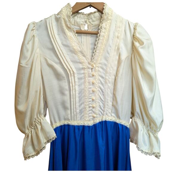 1960s Vintage Puff Sleeves Blue White Maxi Dress Sleeves - Picture 3 of 4